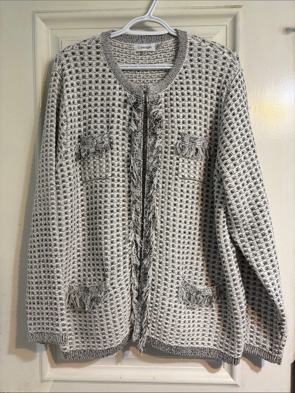 Calvin Klein Gray and Cream Fringe-Trim Knit Cardigan